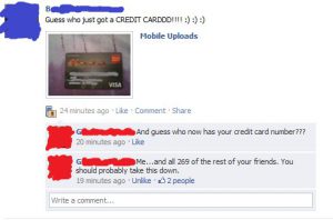 A Facebook post of a user exposing their credit card information online